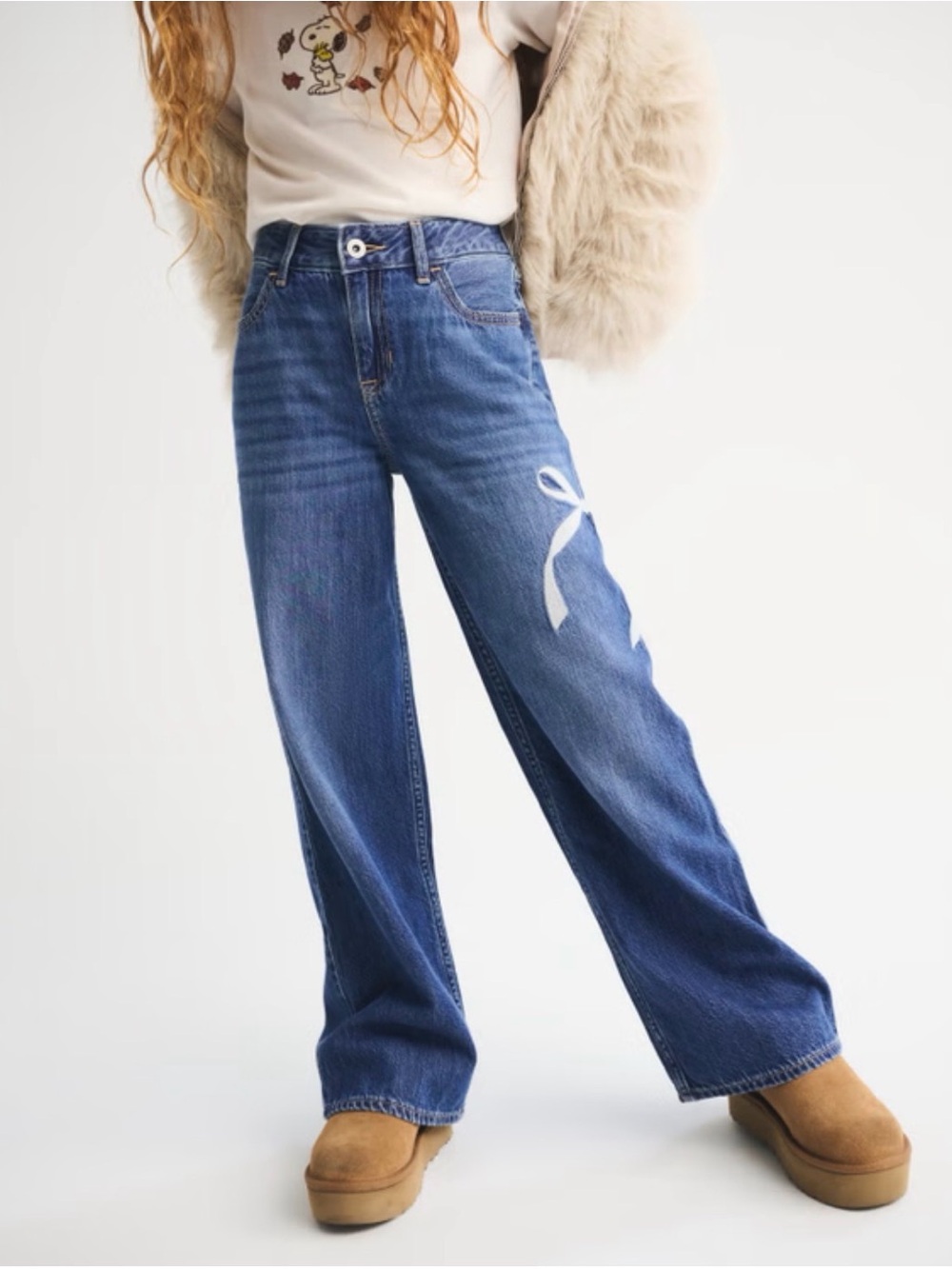 abercrombie kids Blue Wide-Leg Jeans with White Bow Detail